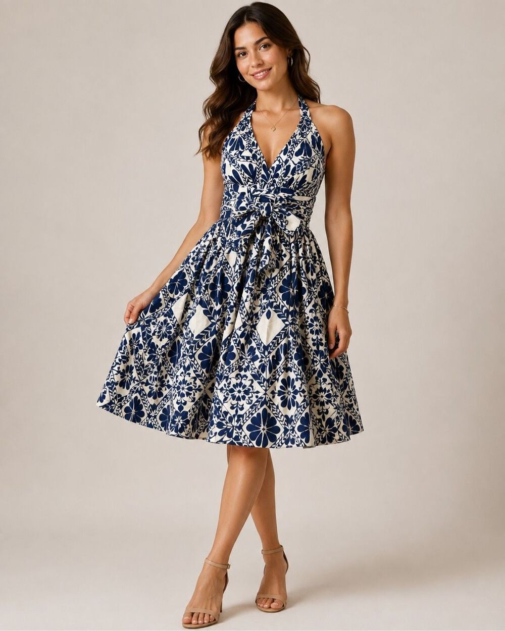 CUPSHE Navy Cream Geometric Floral Halter Tie Waist Fit Flare Dress SZ M